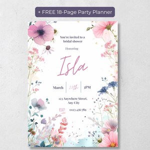 Bridal shower invitation template listing highlighting the included free 18-page printable party planner bonus.