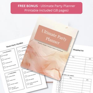 Free bonus 18-page printable first birthday party planner showing the cover, master party checklist and shopping list pages.