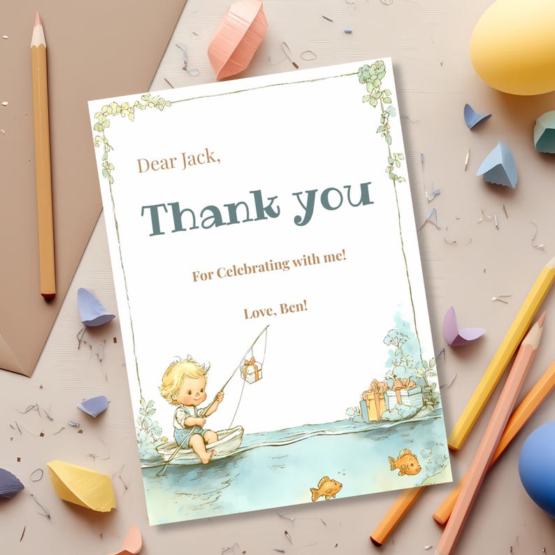 Full view of Ofishally One first birthday thank you card with watercolor child fishing illustration and editable party information