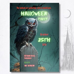 Editable Halloween party invitation Canva template, spooky zombie owl graveyard design with gothic castle background, printable 5x7 digital download