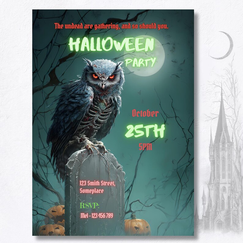 Editable Halloween party invitation Canva template, spooky zombie owl graveyard design with gothic castle background, printable 5x7 digital download