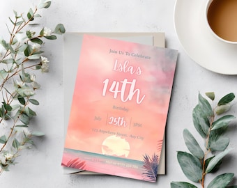 Teen Girl Tropical Sunset Invite, Editable Coastal Birthday Invitation, Canva Template