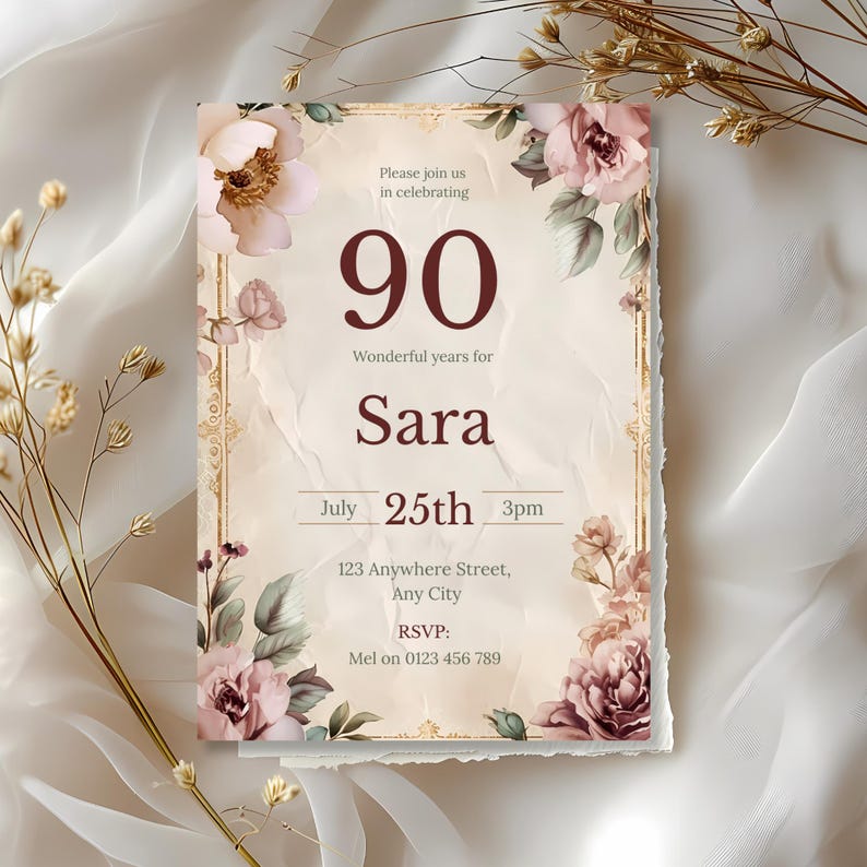 Elegant 90th Birthday Invitation • Editable Vintage Floral Template • Feminine Birthday Invite • Instant Download Printable image 7