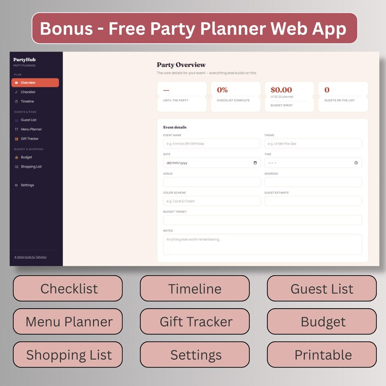 Free bonus digital party planner web app included, track guest list budget timeline and shopping list for any milestone birthday