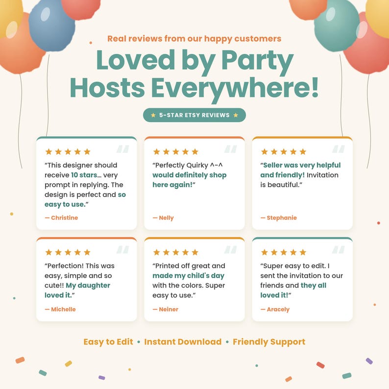 Real Etsy customer reviews praising easy editing, cute designs and invitations kids loved, with five-star ratings