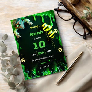 Editable Canva birthday invitation template with radioactive party theme, cartoon scientist, glowing chemistry flasks, and neon green effects