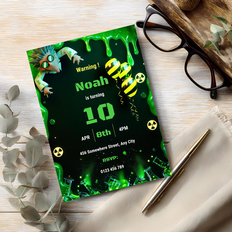Editable Canva birthday invitation template with radioactive party theme, cartoon scientist, glowing chemistry flasks, and neon green effects