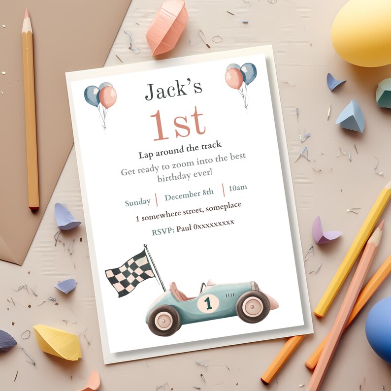 Pastel Race Car 1st Birthday Invitation, Editable Canva Lap Around The Track Template for Kids Party image 2