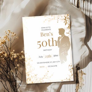 Editable mens birthday invitation template in Canva showing white and gold layout with male silhouette.