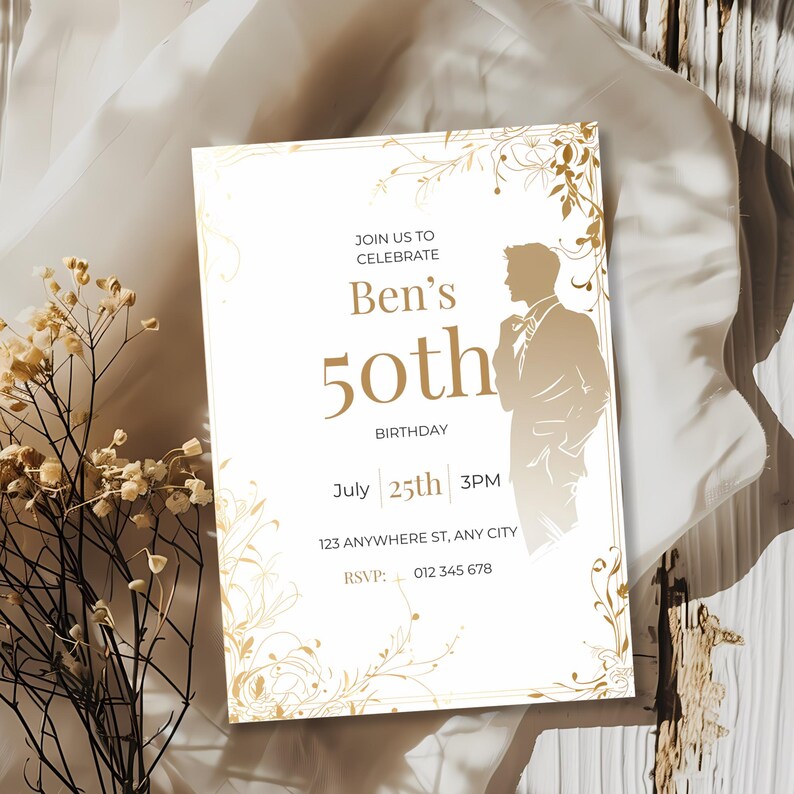 Editable mens birthday invitation template in Canva showing white and gold layout with male silhouette.