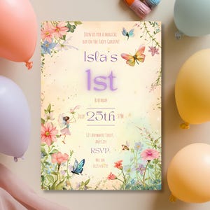 Editable fairy garden birthday invitation template surrounded by pastel pink, lilac, blue and yellow balloons, featuring watercolor wildflowers, enchanted fairy figure and butterfly illustrations