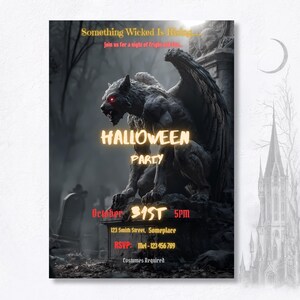 Dark gothic Halloween party invitation displayed with haunted castle backdrop, horror costume party invite, Canva template digital download