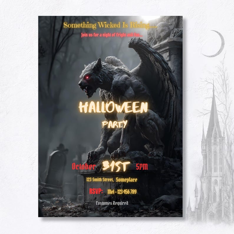 Dark gothic Halloween party invitation displayed with haunted castle backdrop, horror costume party invite, Canva template digital download