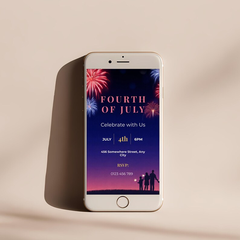 Editable 4th of July invitation template displayed on a mobile phone screen featuring patriotic fireworks, glowing night sky, and family silhouettes with sparklers
