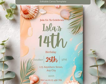 Teen Beach Birthday Invitation Template, Editable Beach Party Invite, Summer Birthday Canva Invitation