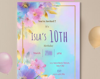 Custom Girls Birthday Invitation Template, Editable Pastel Floral Party Invite, Canva Instant Download + Free Party Planner