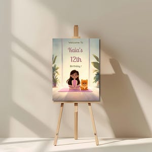 Full puppy yoga birthday welcome sign showing pastel aesthetic illustration with girl yoga pose, puppy companion, and birthday welcome message layout.