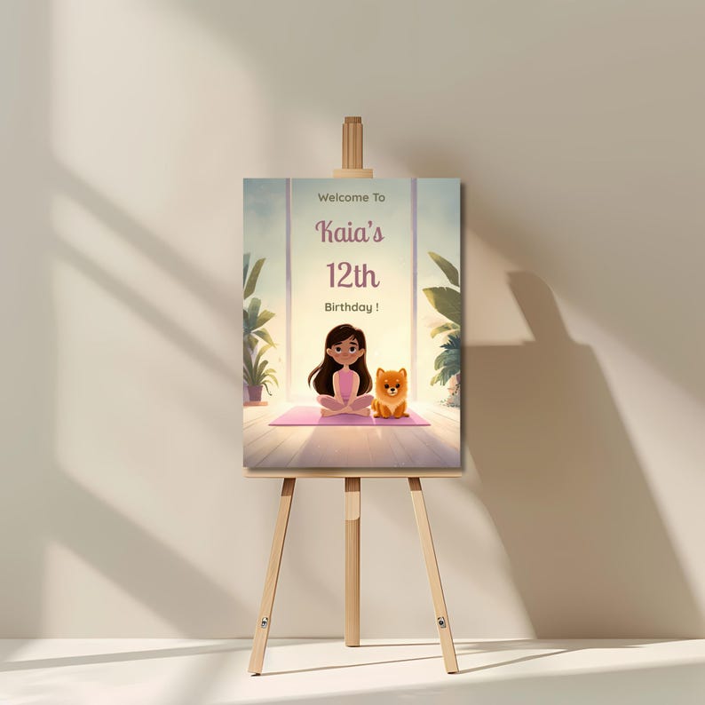 Full puppy yoga birthday welcome sign showing pastel aesthetic illustration with girl yoga pose, puppy companion, and birthday welcome message layout.