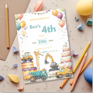 Editable Canva construction party invitation with cartoon construction trucks and birthday cake illustration