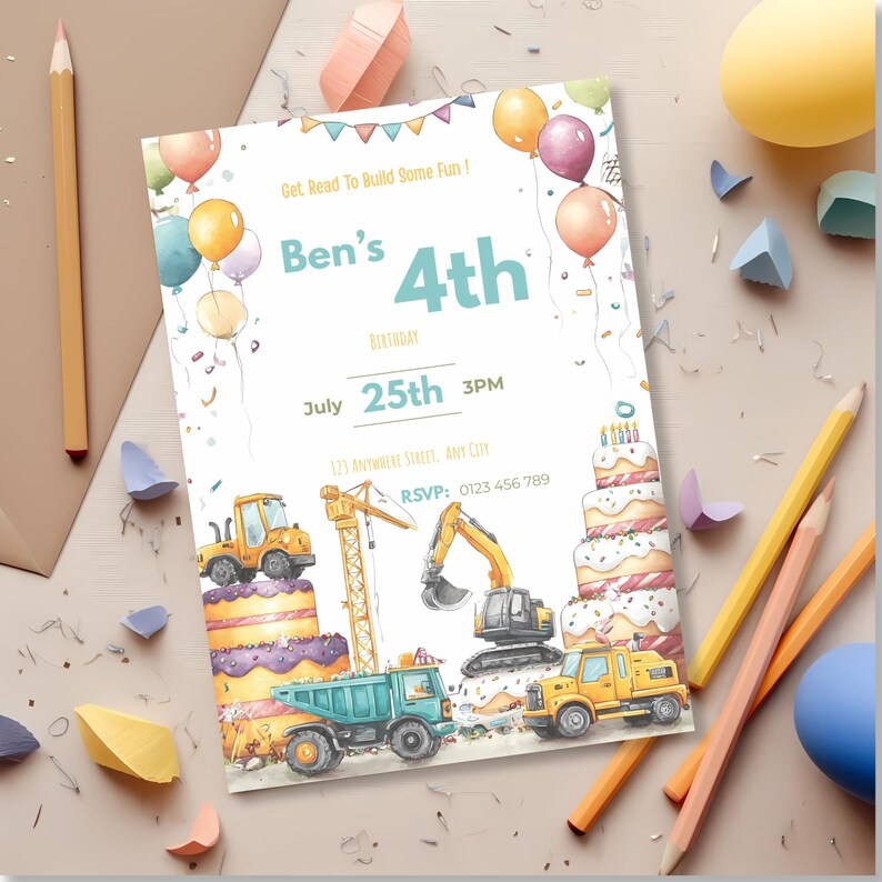 Editable Canva construction party invitation with cartoon construction trucks and birthday cake illustration