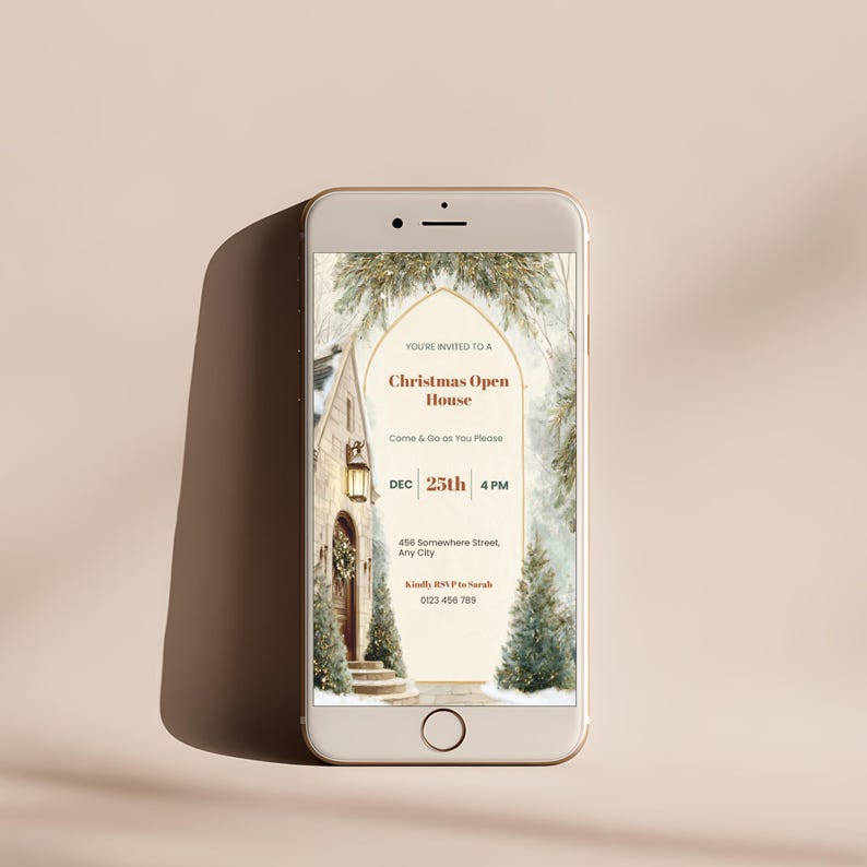 Christmas Open House invitation mobile version displayed on phone screen, digital holiday party invite for texting