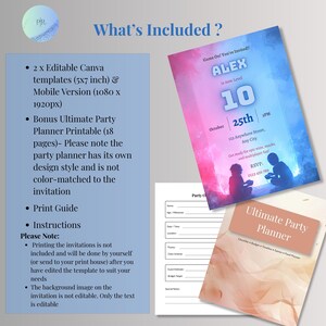 What's included: 2 editable Canva invitation templates, mobile version, and free 18-page Ultimate Party Planner printable bonus