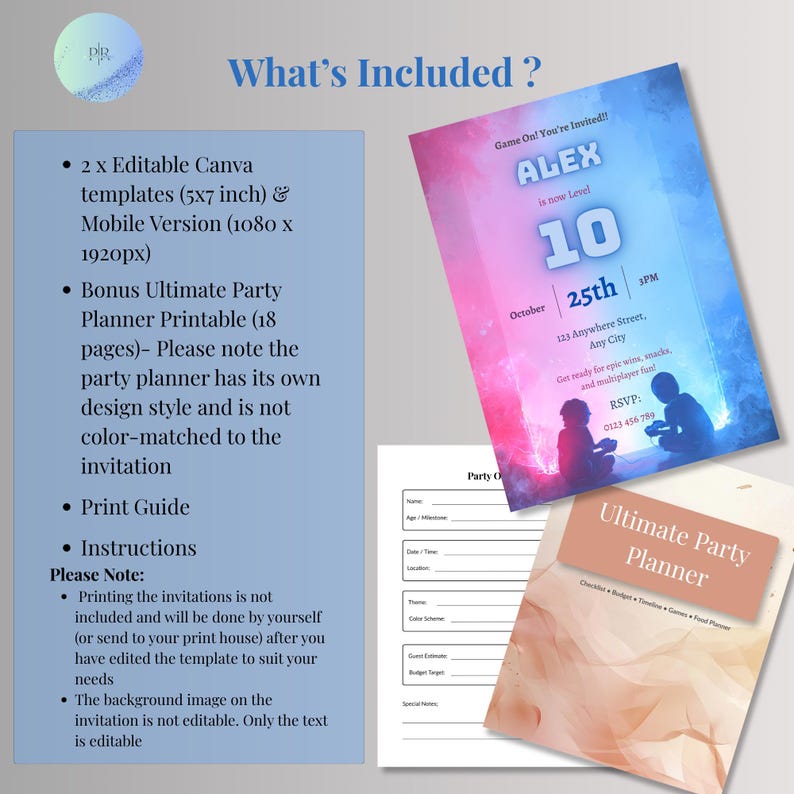 What's included: 2 editable Canva invitation templates, mobile version, and free 18-page Ultimate Party Planner printable bonus