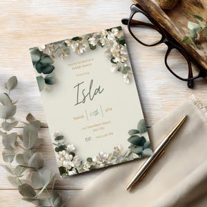 odern elegant bridal shower invitation template with white floral design, printable Canva invite