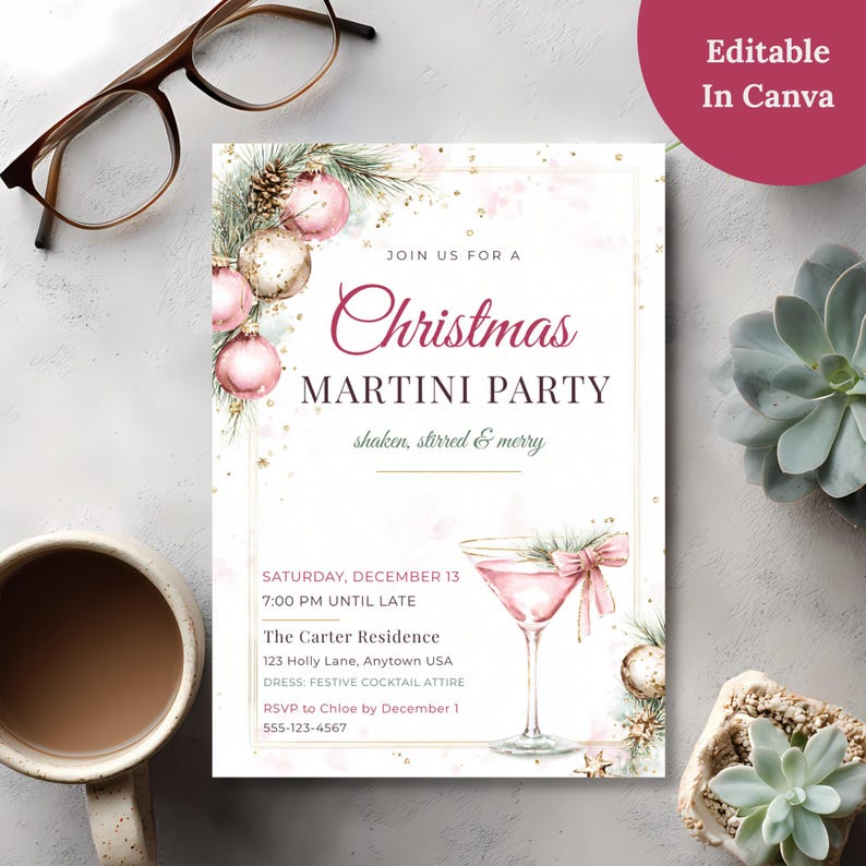 Editable Christmas martini party invitation template in Canva, shown on a desk with glasses, coffee and succulents.