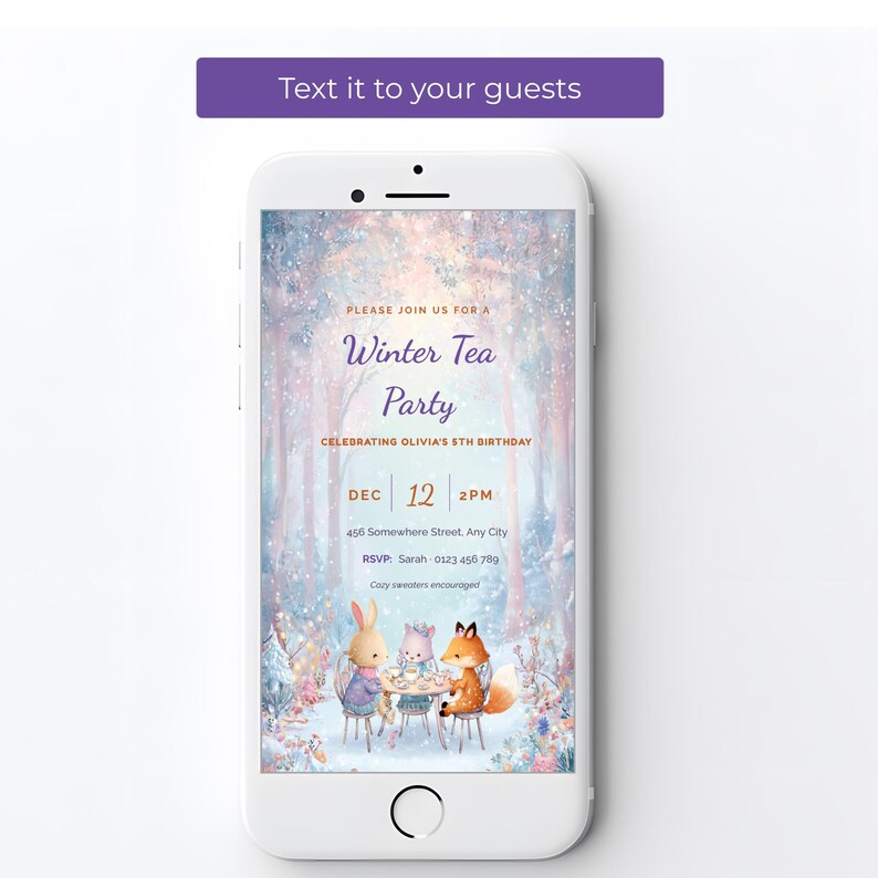 Winter tea party birthday evite on a smartphone, a 1080x1920 mobile invitation you can text to guests or share on WhatsApp and social media