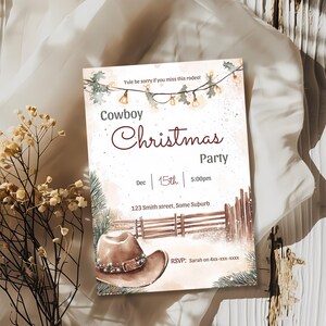 Cowboy Christmas party invitation flat lay styled with dried flowers on a rustic wood plank background
