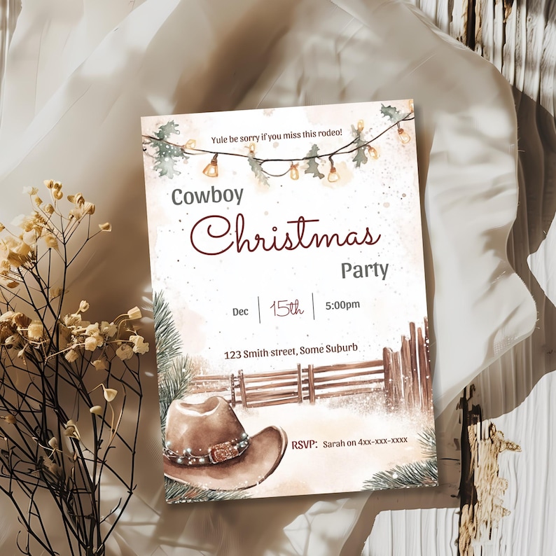 Cowboy Christmas party invitation flat lay styled with dried flowers on a rustic wood plank background