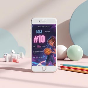 Basketball birthday invitation girl design with neon purple pink theme, stylish sporty birthday invite template