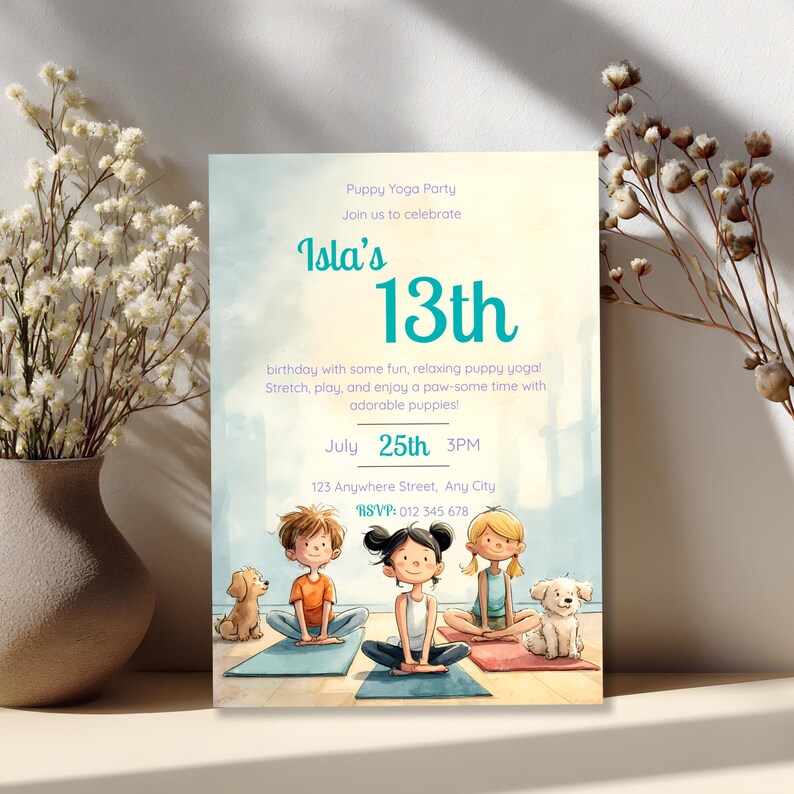 Editable puppy yoga birthday invitation with sample name, date and party details, teen Canva template