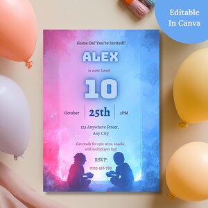 Neon gamer birthday invitation template, fully editable in Canva, Level Up boy birthday party invite with pink blue gradient design