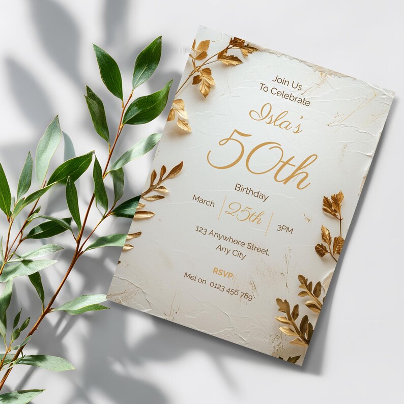 Classy cream and gold 70th birthday invitation with gold botanical leaves — luxury editable Canva template for elegant women's milestone party