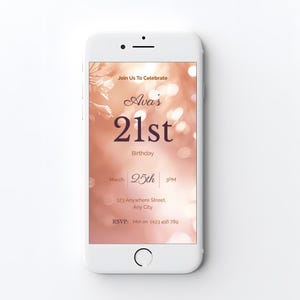 Digital 21st birthday invite in peach tones, feminine style, Instagram-friendly layout