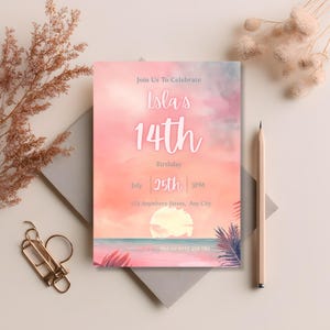 May include: A birthday invitation with a watercolor sunset design. The invitation reads "Isla's 14th Birthday" with the date July 25th at 3 PM. The invitation also includes the address "123 Anywhere Street, Any City" and a phone number.