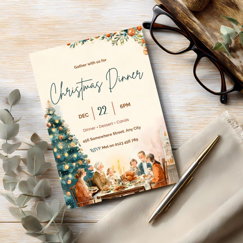 Puede incluir: Una tarjeta de invitaci&oacute;n rectangular para una cena de Navidad con una ilustraci&oacute;n en acuarela de un &aacute;rbol decorado y una escena de cena familiar. El texto dice Gather with us for Christmas Dinner, Dec 22, 6PM, Dinner, Dessert, Carols, 456 Somewhere Street, Any City, RSVP: Mel on 0123 456 789.
