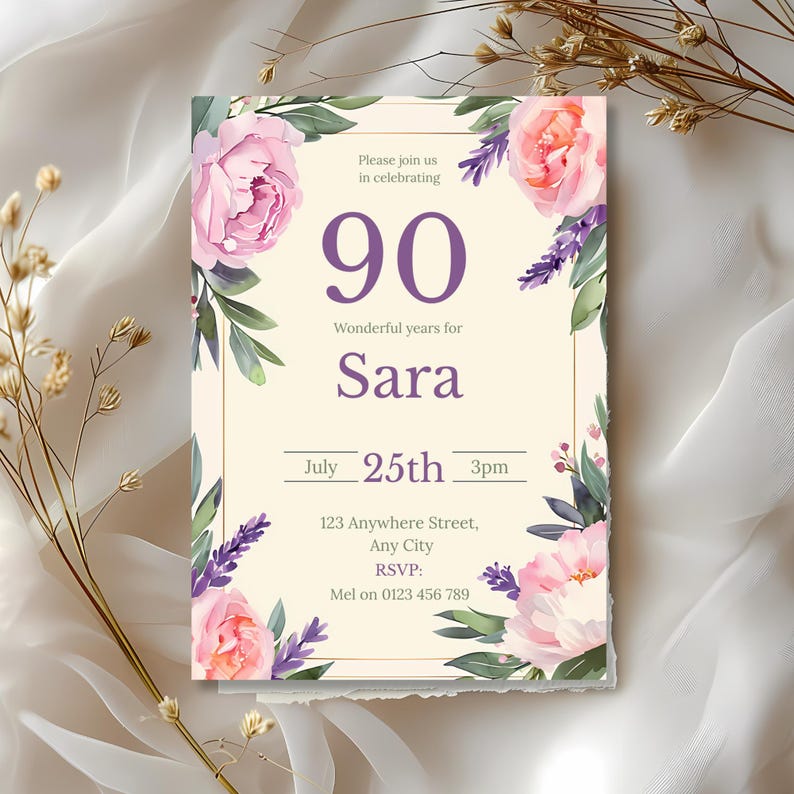 90th Birthday Invitation Editable Template