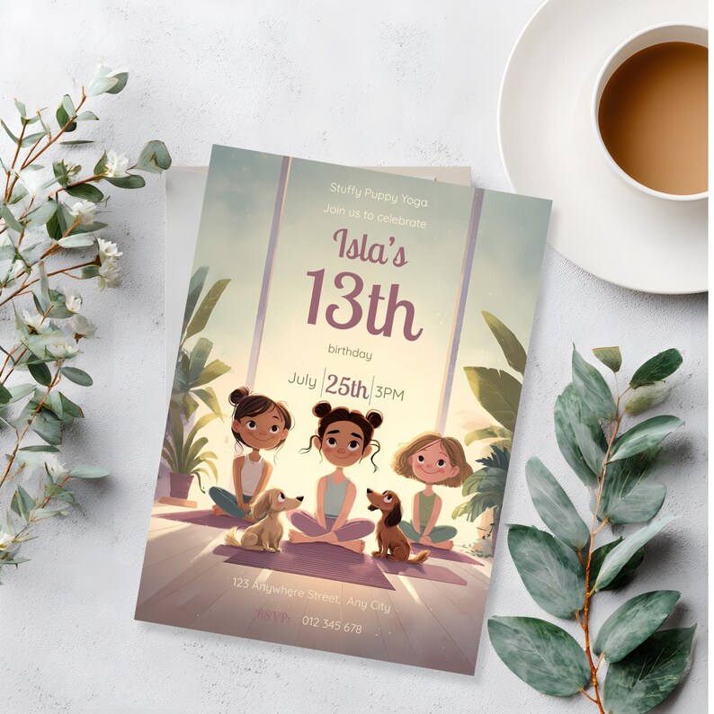 Editable Canva puppy yoga birthday invite with soft aesthetic illustration of yoga studio and dogs