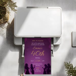 Printable birthday invitation for her surprise party template print at home purple gold Canva editable 5x7 instant download
