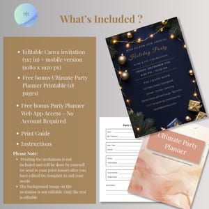 editable Canva holiday party invitation in 5x7 and mobile sizes, free 18-page printable party planner, free party planner web app and print guide