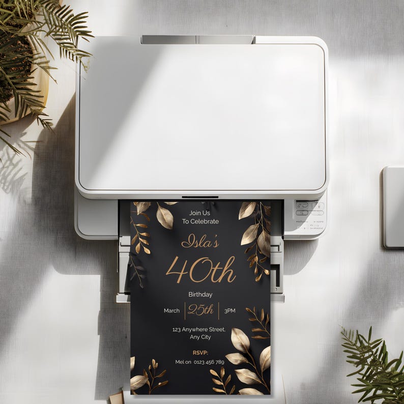 Printable 5x7 black and gold 40th birthday invitation coming out of home printer, high resolution editable template
