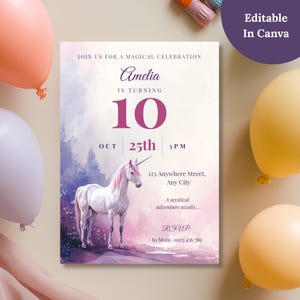 Printable unicorn birthday invitation on a beige table surrounded by pastel balloons, with an Editable in Canva badge