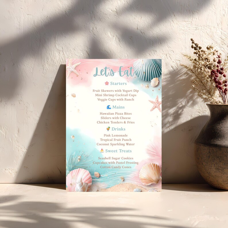 May include: A menu with a beach theme, featuring a pastel pink and blue background with seashell and starfish illustrations. The menu lists starters, mains, drinks, and sweet treats, including fruit skewers, pizza bites, pink lemonade, and seashell sugar cookies.