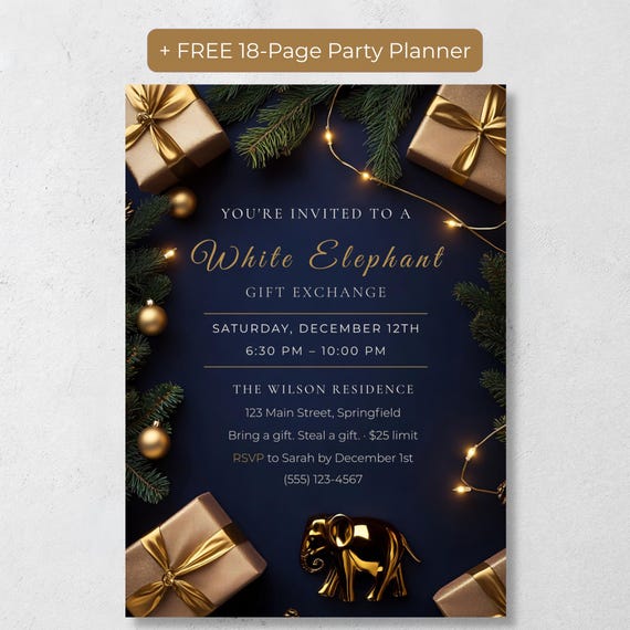 Navy & Gold White Elephant Invitation