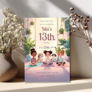 Pastel aesthetic puppy yoga birthday invitation featuring three girls meditating with dogs in a serene indoor setting, ideal for teen sleepover or wellness party