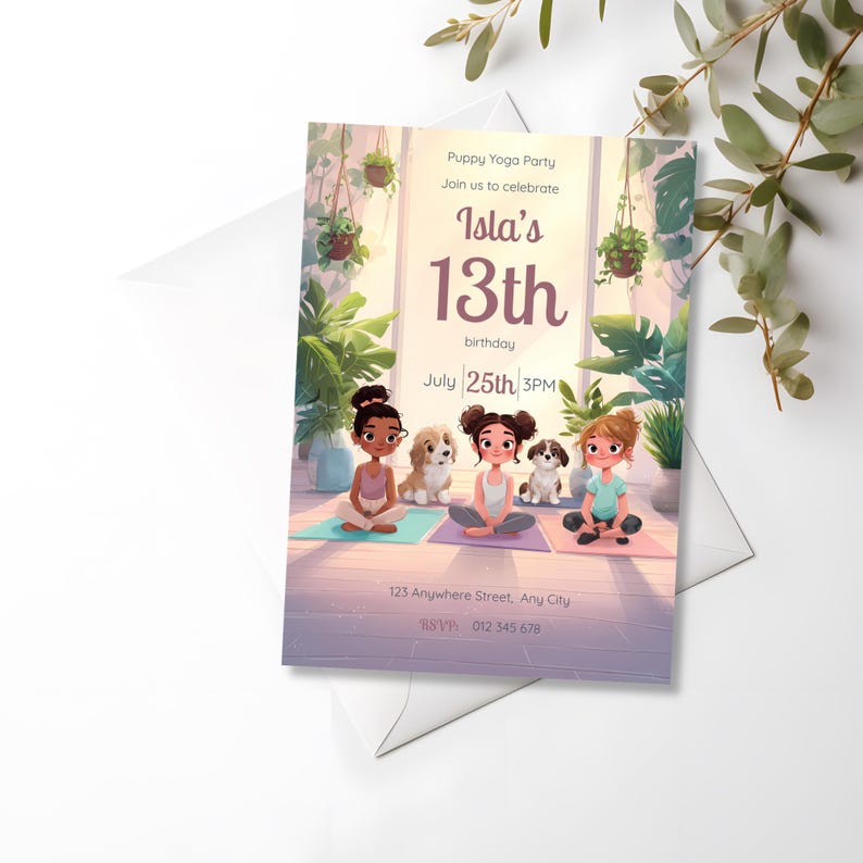 Soft pastel birthday invitation with peaceful yoga scene, featuring diverse girls meditating and playful puppies in a bright room with plants and natural light