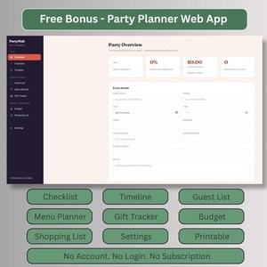 Free bonus party planner web app with checklist, timeline, guest list, menu planner, gift tracker, budget and shopping list, no account needed